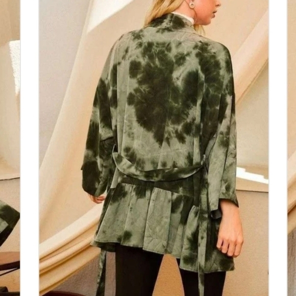Olive Green Drop Shoulder Tie Dye Boho Open Kimono Lightweight Jacket Robe - Picture 2 of 11